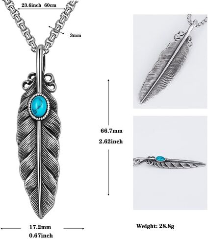 Feather Turquoise Necklace For Men Titanium Steel Steel Vintage Punk Gothic Boho Long Feather Necklace For Women in Saudi Arabia