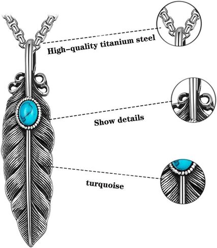 Feather Turquoise Necklace For Men Titanium Steel Steel Vintage Punk Gothic Boho Long Feather Necklace For Women in Saudi Arabia