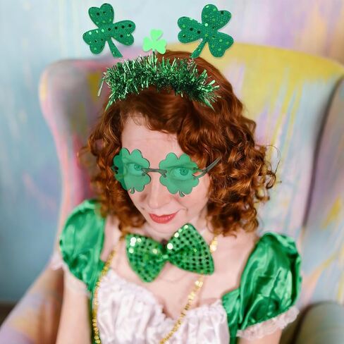 مجموعة عصابة رأس ونظارات Ondder Shamrock - عصابة رأس على شكل البرسيم الأخضر ونظارات تنكرية لعيد القديس باتريك، ملحقات الحفلات الاحتفالية للنساء in Kuwait