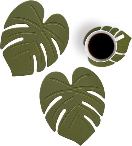 2PCS Cute Monstera Coasters, Soft Silicone Coaster for Drink, Fun Plant Cup Coasters for Desk, Creative 3D Green Turtle Leaf Drink Coaster, Tropical Home Decor in Saudi Arabia
