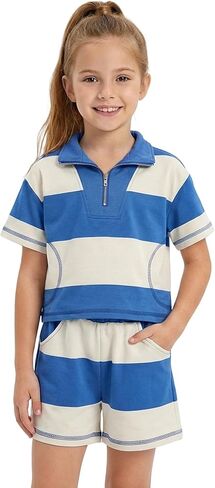 GRNSHTS Girls 2 Piece Summer Outfit - Trendy Half Zip Collared Striped Shirt & Shorts Set for Casual, Lounge, Vacation 4-10Y in Kuwait