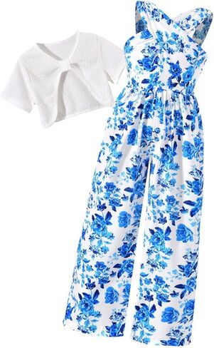 HIHA Little Girls Jumpsuit Kids Criss Cross Halter Romper with Short Sleeve Crop Tops Size 6-12 in Kuwait