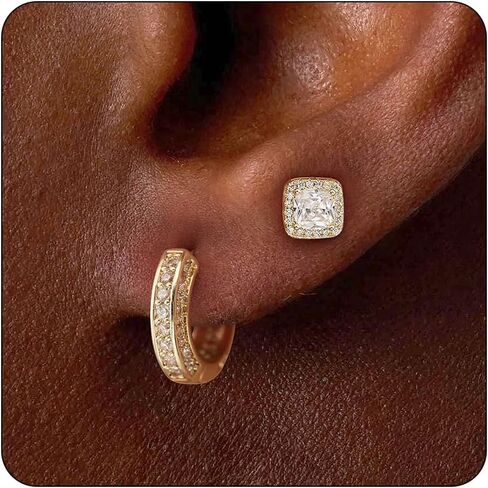 أقراط للرجال - زوجان من أقراط الزركونيا المكعبة المطلية بالذهب/الفضة عيار 14 قيراط مع مجموعة أقراط هوجي هوب للنساء، أقراط غضروفية للرجال لا تسبب الحساسية مع أعمدة من الفضة الإسترلينية 925 للأذن الحساسة in Kuwait