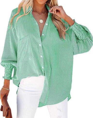 Womens Button Down Shirts Striped Oversized Blouse Dressy Casual Long Sleeve Tops for Women with Pocket Green in Kuwait
