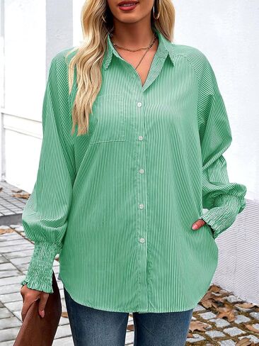 Womens Button Down Shirts Striped Oversized Blouse Dressy Casual Long Sleeve Tops for Women with Pocket Green in Kuwait