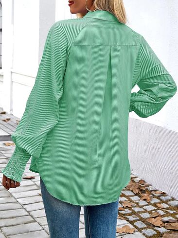 Womens Button Down Shirts Striped Oversized Blouse Dressy Casual Long Sleeve Tops for Women with Pocket Green in Kuwait