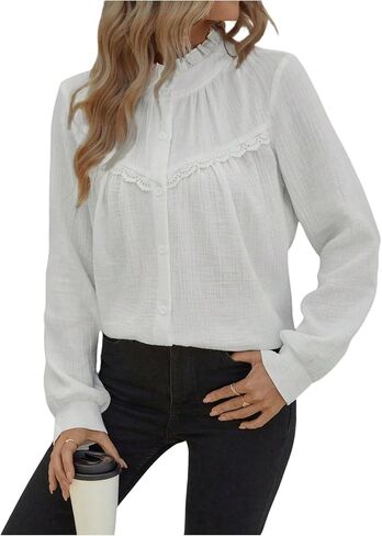 GORGLITTER Women's Button Down Ruffle Turtleneck Blouse Long Sleeve Vintage Boho Shirts Dressy Casual Blouses in Saudi Arabia