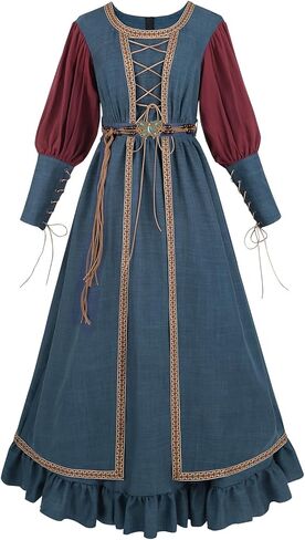 FCCAM Medieval Dress for Women Blue Long Sleeve Peasant Renaissance Costume with Vintage Belt in Kuwait