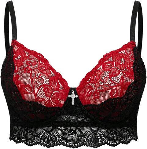 MakeMeChic Women's Plus Size Floral Lace Bra Rhinestone Cross Color Block Underwire Y2K Gothic Lingerie Top in Saudi Arabia