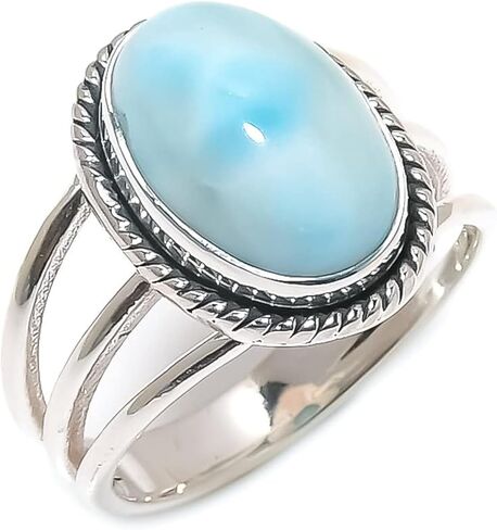 925 Silver Rhodium Alloy Larimar Adjustable Ring for Women – Oval Handmade Gemstone Rings Jewelry in Kuwait