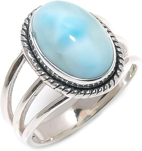 925 Silver Rhodium Alloy Larimar Adjustable Ring for Women – Oval Handmade Gemstone Rings Jewelry in Kuwait