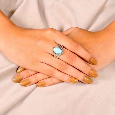 925 Silver Rhodium Alloy Larimar Adjustable Ring for Women – Oval Handmade Gemstone Rings Jewelry in Kuwait