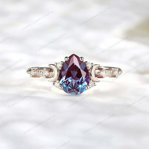 Vintage Alexandrite Bridal Engagement Wedding Ring 14K Rose Gold Diamond Promise Moon Ring June Birthstone Art Deco Women Fine Jewelry Gift For Love in Saudi Arabia