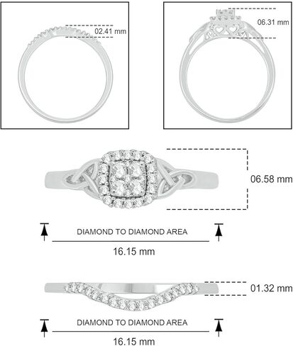 Cali Trove 1/4 Ct Natural Diamonds Cushion Halo Engagement Rings with Twisted Shank | 925 Sterling Silver Ring and Matching Band | Bridal Set for Women | Dainty Wedding Jewelry | Gift for Women in Saudi Arabia
