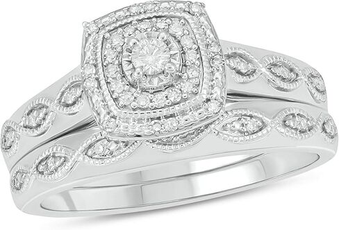 Cali Trove 1/5 Ct Natural Diamonds Round Halo Engagement Ring | Vintage Milgrain Matching Band Set | 925 Sterling Silver Rings | Bridal Wedding Ring Set for Women | Diamond Gifts for Her in Saudi Arabia