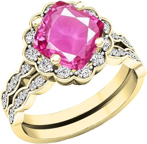 مجموعة Dazzlingrock 14K أصفر G قديم 7 ملم وسادة من الأحجار الكريمة والألماس الدائري للسيدات مجموعة خاتم الخطوبة in Saudi Arabia