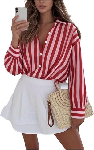 GORGLITTER Women's Striped Shirt Button Down Dress Shirts Long Sleeve Collared Office Work Blouse Tops in Saudi Arabia