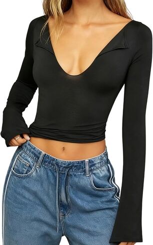 Womens Long Sleeve Tops V-Neck Solid Color Flim Fitted Blouses Top Base Layer Tee Shirts for Yoga Gym Streetwear in Kuwait