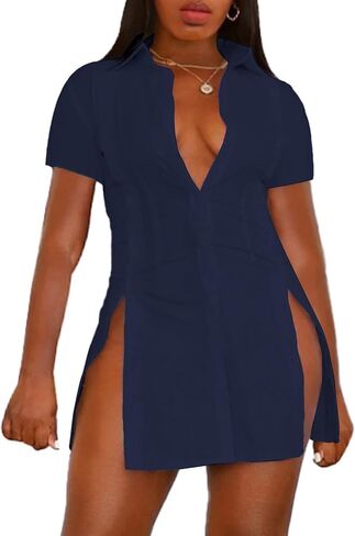 Women’s Collared Button Down Short Sleeve Split Side Work Long Blouse Top Dress Shirt in Saudi Arabia