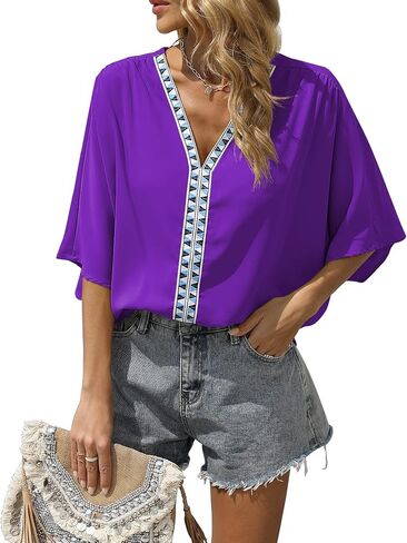 Women's V Neck Chiffon Blouses Batwing Short Sleeve Boho Embroidered Summer Casual Oversized Tops Shirts in Saudi Arabia