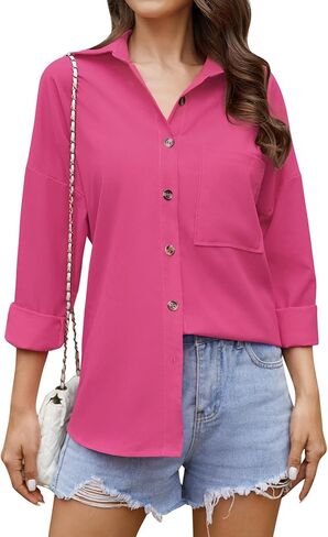 Scacto Women's Button Down Shirts Drop Shoulder Long Sleeve Button Up Shirt with Pocket in Saudi Arabia