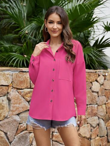 Scacto Women's Button Down Shirts Drop Shoulder Long Sleeve Button Up Shirt with Pocket in Saudi Arabia