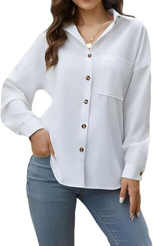 Scacto Women's Button Down Shirts Drop Shoulder Long Sleeve Button Up Shirt with Pocket in Kuwait