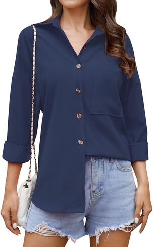 Scacto Women's Button Down Shirts Drop Shoulder Long Sleeve Button Up Shirt with Pocket in Saudi Arabia