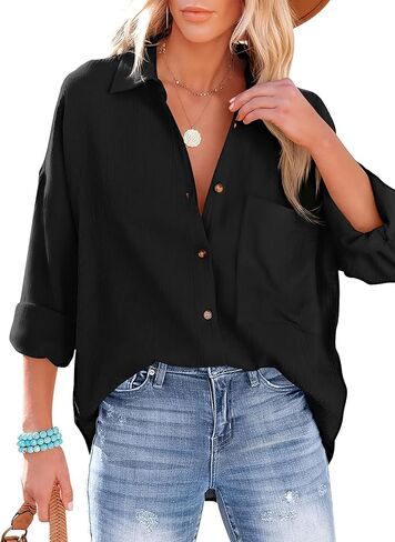 Scacto Women's Button Down Shirts Drop Shoulder Long Sleeve Button Up Shirt with Pocket in Saudi Arabia