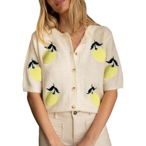 Women's Lemon Embroidery Sweater Cardigan Cute Summer Short Sleeve Button Down Knitwear Tops in Kuwait