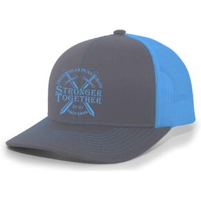 Christian Stronger Together Nails Iron Sharpens Iron Proverbs 27:17 Mens Embroidered Mesh Back Trucker Hat, Charcoal/Neon Blue in Kuwait
