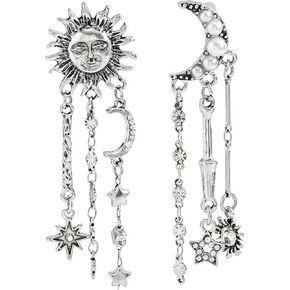 Celestial Sun Moon Star Earrings Dangle Boho Goth Asymmetric Crescent Moon Star Pearl Earrings for Women Vintage Gold Silver Long Tassel Earrings Jewelry Gifts in Saudi Arabia