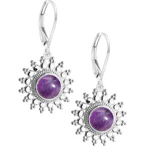 Natural Round Stone Sun Flower Drop Earrings,925 Sterling Silver Real Genuine Crystal Quartz Gemstone Dangle Dangling Statement Earrings Jewelry for Women Her in Kuwait