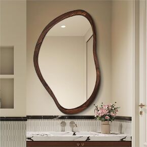مرآة حمام خشبية غير متناظرة مقاس 60.96 سم × 91.44 سم، مرآة حائط غير منتظمة من خشب الجوز الداكن، مرآة زينة لمزرعة ريفية لغرفة النوم، وغرفة المعيشة، والمدخل، أفقية/عمودية in Kuwait