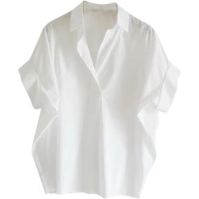Loose Cotton Shirt White Loose Bat Sleeve Collar Shirt Woman Daily Pullover V-Neck Blouses Top for Office School White in Kuwait