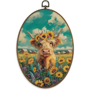 XBBMGG Highland Cow Sunflower Wall Art Decor, Rustic Farm Cow Floral Oval Wall Hanging Decor, Farmhouse Country Animal Framed Canvas Prints for Home Living Room Bedroom Decorations, 8.6x11.4inch in Kuwait