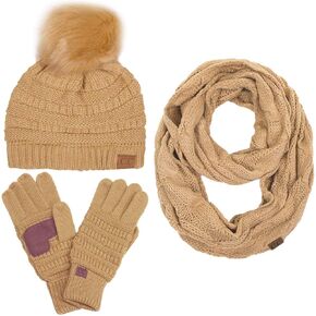 3pc Set Trendy Warm Chunky Soft Stretch Cable Knit Color Pom Pom Beanie, Scarves and Gloves Set in Saudi Arabia