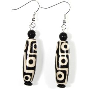 "Take Me to Lhasa", Tibetan Agate (dyed) Dzi Bead Earrings, Black and White in Kuwait