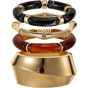 JATEBI 4 Pcs Chunky Acrylic Bangle Bracelets for Women Colorful Resin Bracelet Open Golden Wide Wrist Trendy Stackable Cuff Jewelry in Kuwait
