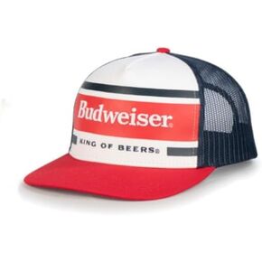 قبعة Budweiser King of Beers Trucker، قبعة Snapback شبكية حمراء وبحرية، لوحة أمامية بيضاء in Kuwait