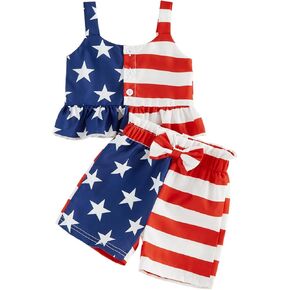 4th Of July Little Girl Outfit Stars/Striped Print Sleeveless Spaghetti Strap Ruffle Button Up Tops Bow Shorts Set in Kuwait