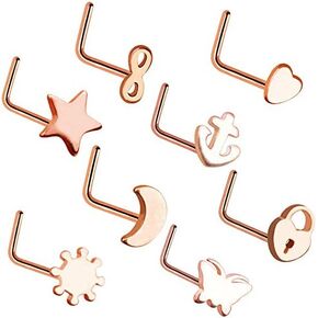 8Pcs 18G Surgical Steel L-Shaped Nose Studs Rings Minimalist Small Heart Star Moon Butterfly Nose Stud Rings Black Silver Rose Gold Nostril Nose Piercing Jewelry in Kuwait