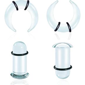 Single Flare Glass Ear Gauges Stretching Kits 2PCS C-Shape Septum Ring+ 2PCS Single Flare Glass Plugs with O-Rings Crazy Domed Body Piercing Jewelry Set in Kuwait
