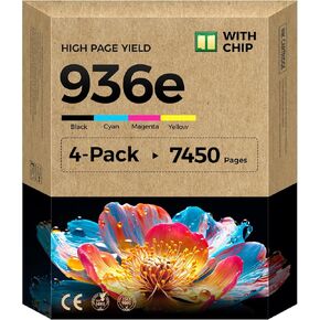 خراطيش حبر 936e 936XL مع مجموعة شرائح 4 عبوات عالية الإنتاجية متوافقة مع حبر HP 936 936e يعمل مع طابعة HP OfficeJet Pro 9125e 9135e 9110b 9128e 9130b 9122e 9120e 9730e أسود سماوي أرجواني أصفر in Kuwait