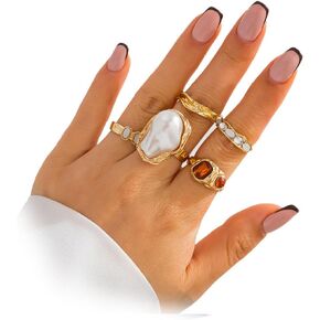 Chunky Baroque Pearl Knuckle Rings Set,Charming Dainty Crystal Pearl Personalized Joint Ring,Vintage Plated Gold Flower Midi Rings Set for Women in Kuwait