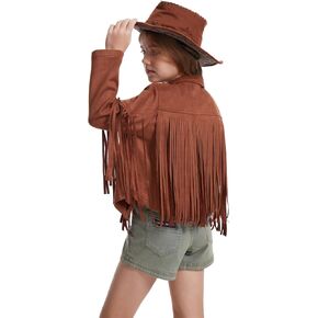 Girls Fringe Faux Suede Leather Jackets Kids Western Tassels Motorcycle Cardigan Cropped Coats in Saudi Arabia