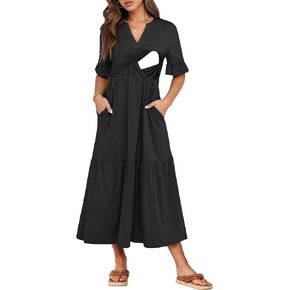 Womens Nursing Summer Maxi Dresses Ruffle Short Sleeve V Neck Tiered T Shirts Dress with Pockets in Kuwait