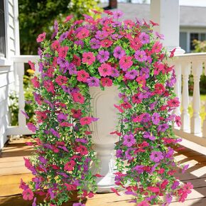 4 Pcs Artificial Hanging Flowers for Outdoor, Fake Silk Daisy Flowers Spring Summer Decoration UV Resistant Faux Plants for Planter Front Door Porch Patio Balcony Yard Decor, Purple Fuchsia in Kuwait