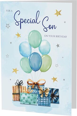 Birthday Card for Son – Blue Balloon & Gift Design A5 Greeting Card with Printed Verse – Premium UK Made Card in Kuwait
