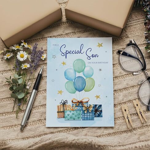 Birthday Card for Son – Blue Balloon & Gift Design A5 Greeting Card with Printed Verse – Premium UK Made Card in Kuwait